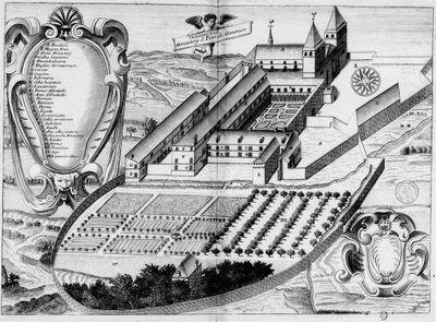 17th Century Engraving of the Abbey of Saint-Pé-de-Bigorre, in the Book Monasticon Gallicanum by Michel Germain